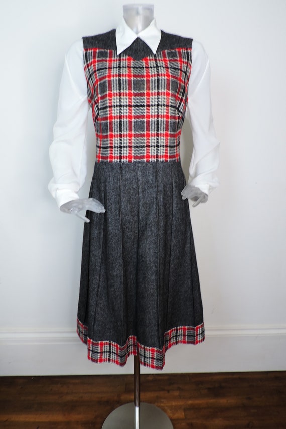 French VINTAGE 1960s Dress /Grey Wool Tartan Skir… - image 2