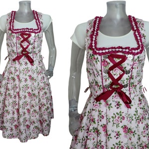Bavarian Dirndl Dress/Pink Rose Flower Folk Dress /UK 10 Fr 38/ Vintage /Oktoberfest/Tyrolean/Bohemian/Cottagecore/Trachten/Beer Fest