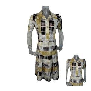 VINTAGE 1970s Dress/Retro White Tan Secretary Dress UK 12 Fr 40/Bohemian Dress/70s dress/Psychedelic/Mod Dress/Dagger Collar/Illusion Dress