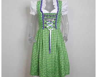 Vintage Dirndl Dress/ Green Check Folk Dress /Cottagecore Austrian Midi Dress /Oktoberfest/ Romantic Prairie Dress/ Bavarian/ UK 10 Fr 38