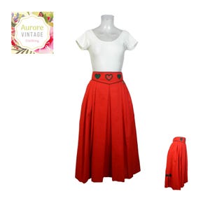 VINTAGE Dirndl Skirt/Red Novelty Heart Bow Folk Skirt UK 14/ 42/Boho/Bavarian/Oktoberfest/Tyrolean Skirt/Country Skirt/Trachten/Cottagecore