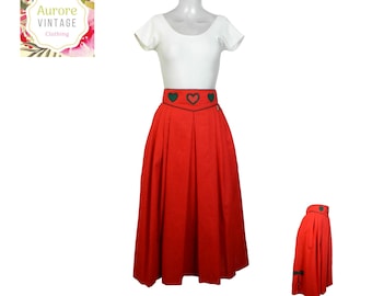 VINTAGE Dirndl Skirt/Red Novelty Heart Bow Folk Skirt UK 14/ 42/Boho/Bavarian/Oktoberfest/Tyrolean Skirt/Country Skirt/Trachten/Cottagecore
