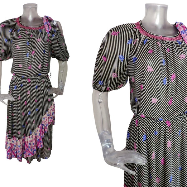 Paris VINTAGE 1980s Dress/Retro Floral Black Stripe Colour/UK 12 Fr 40 /80s Sun Dress/New Wave/ Sheer/Virginie/Split sleeves/Floral/ Midi