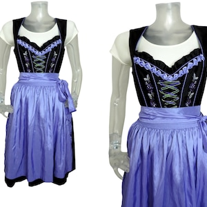 Folk Dirndl Dress/ Black Purple Flower Bohemian Dress UK 8 Fr 36/Vintage Oktoberfest/Bavarian/Austrian/German/Tyrolean/Costume/Cottagecore