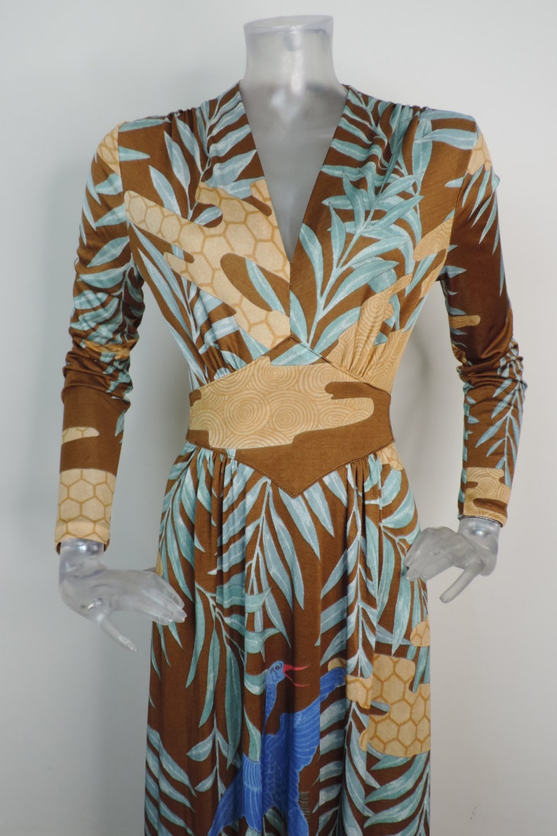 VINTAGE 1970s Maxi Dress/Tan Tropical Palm Bird Print/UK 10 Fr 38/70s Dress/Retro/ Groovy/Pop Print/Boho/Long Dress/ image 6