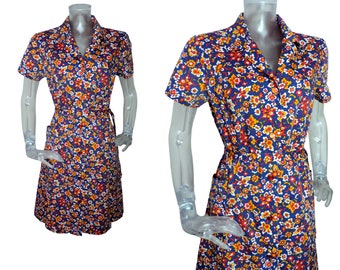 VINTAGE jaren 1970 jurk/retro marine oranje bloemen pop UK 12 Fr 40/Boho/70s jurk/retro jurk/bloem jurk/mod/thee jurk/katoenen jurk