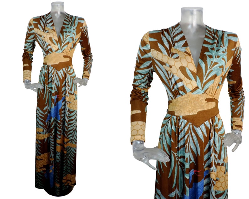 VINTAGE 1970s Maxi Dress/Tan Tropical Palm Bird Print/UK 10 Fr 38/70s Dress/Retro/ Groovy/Pop Print/Boho/Long Dress/ image 1
