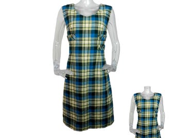 VINTAGE 1970s Dress /Retro Teal Plaid Wool Tartan Pinafore Dress / UK 14 Fr 42/Preppy / 70s dress/Retro Dress/Mod/Scooter Dress