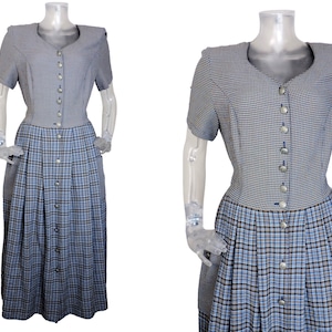 VINTAGE Folk Dress/Blue Tan Check Dirndl Dress UK 14 F 42 Oktoberfest/Bavarian/Austrian/German/Tyrolean/Renaissance/Trachten/Country