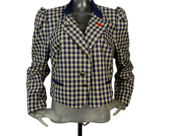 Vintage Bayerische Jacke / Blaue Karo Jacke / UK 12 Fr 40 / Oktoberfest / Cottagecore / Österreichische Jacke / Trachten / Tiroler / 80s Stil