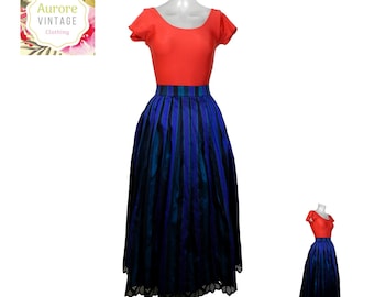VINTAGE Dirndl Skirt/Blue Green Stripe Silk Folk Skirt UK 12/14 Fr 42 /Bohemian/Bavarian/Oktoberfest/Tyrolean Skirt/Operatic/Party Skirt