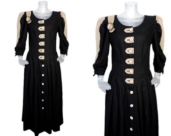Vintage Folk Dress/ Black Tan Suede Dirndl Dress / UK 10 Fr 38 / Oktoberfest/Bavarian/ Tyrolean/ Bohemian/Cottagecore/Trachten/Renaissance