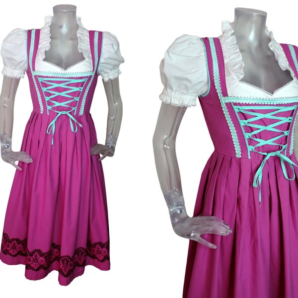 Folk Dirndl Dress/Cerise Pink Bohemian Dress UK 10 Fr 38/Vintage Oktoberfest/Bavarian/Austrian/German/Tyrolean/Costume/Cottagecore