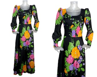 VINTAGE 1970s Maxi Dress/Black Bold Floral Flowers/UK 8 F 36/70s Dress/Retro/ Groovy/Pop Print/Boho/Long Dress/ Putza