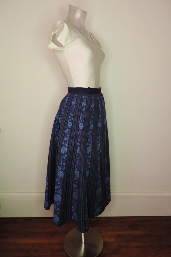 VINTAGE Dirndl Skirt/Blue Black Stripe Floral Fol… - image 3