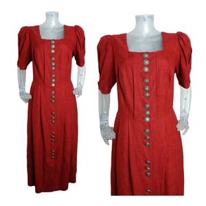 VINTAGE Folk Dress/Paprika Red Linen Dirndl Dress/Bohemian UK 14 Fr 42 Oktoberfest/Bavarian/Austrian/German/Tyrolean/Cottagecore/Country