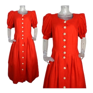 VINTAGE Folk Dress/Red Linen Dirndl Dress UK 14 Fr 42 Oktoberfest/Bavarian/Austrian/Cottagecore/Tyrolean/Renaissance/Trachten/Country