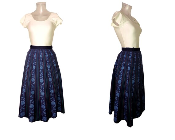VINTAGE Dirndl Skirt/Blue Black Stripe Floral Fol… - image 1
