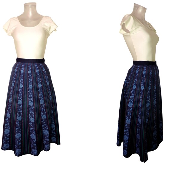 VINTAGE Dirndl Skirt/Blue Black Stripe Floral Folk Skirt UK 12/14 Fr 42/Bohemian Skirt/Bavarian/Oktoberfest/Tyrolean/Operatic/Flower