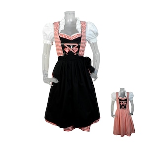 Folk Dirndl Dress/Red White Check Heart Bohemian Dress UK 10 Fr 38/Cottagecore/Vintage Oktoberfest/Bavarian/Austrian/German/Tyrol/Preloved