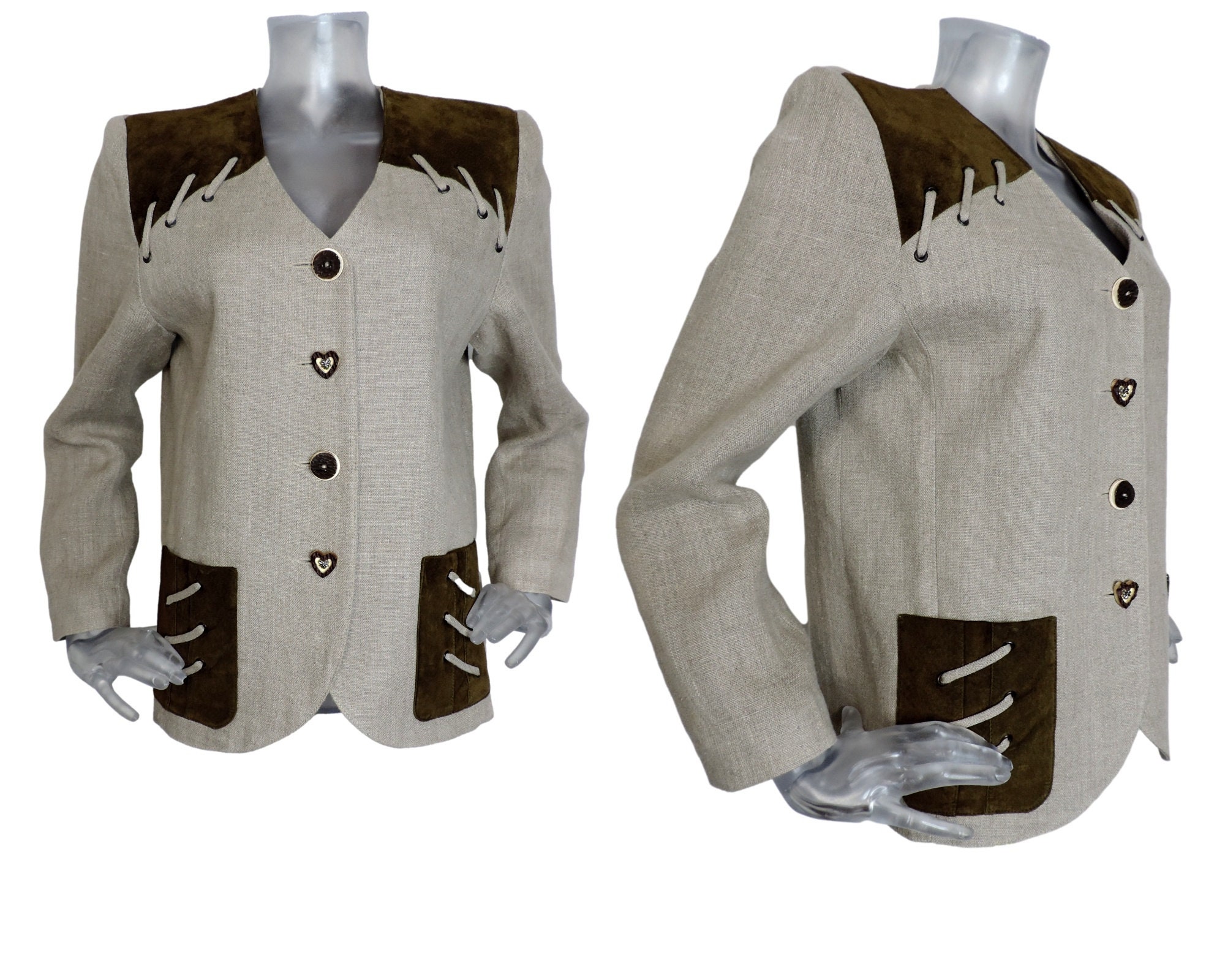 Vintage Bavarian Folk Jacket/brown Linen Suede Jacket/uk 10 Fr 38 