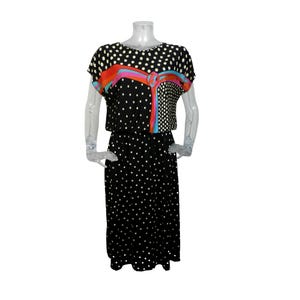 French VINTAGE 1970s Dress/Retro Dress Black White Spot Bow Dress UK 10 Fr 38/Bohemian Dress/70s dress/Psychedelic/Day Dress/Virginie Paris/