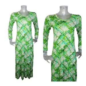 Bargain Box***Abito lungo vintage anni '70/Abito lungo a mosaico in tonalità di verde/UK 10 F 38/Abito anni '70/Abito retrò/Abito t-shirt/Abito boho