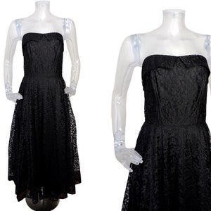 Vintage 1980s party dress/black lace 50s bustier swing dress /uk 10 f 38 / 70s dress/cocktail dress/gothic/rockabilly halloween/maxi dress
