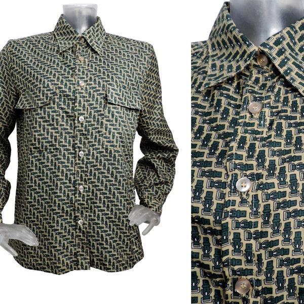 Vintage 1980s Retro Green Buckle Print Blouse Top UK 16 Fr 44 new wave 80s /bohemian blouse/loose blouse/geometric art/shirt