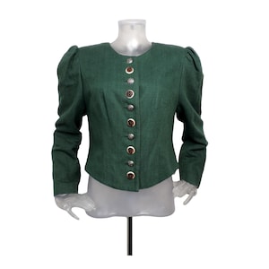 Vintage Bavarian Folk Jacket/ Green Cotton Linen Cropped Jacket/UK 12 Fr 40/Fashion Trend/Oktoberfest/Cottagecore/Austrian/Trachten/Tyrol/