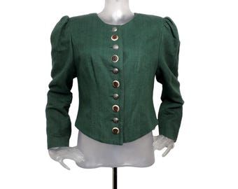 Vintage Bayerische Jacke / Grüne Baumwolle Leinen Kurzjacke / UK 12 Fr 40 / Modetrend / Oktoberfest / Cottagecore / Österreich / Trachten / Tirol /