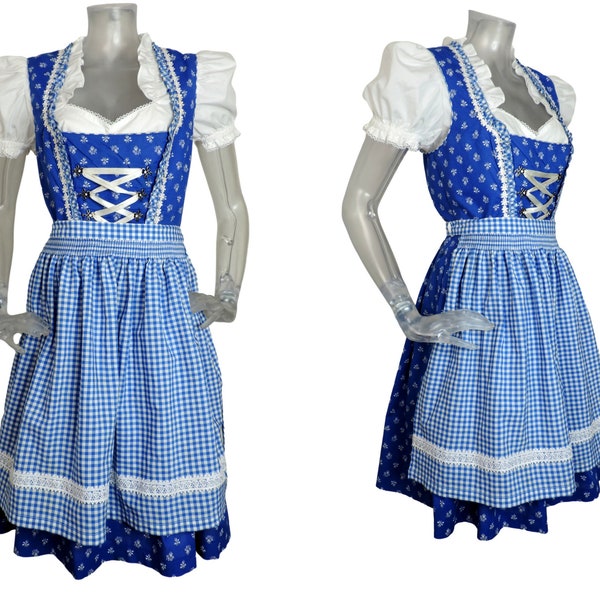 vintage Dirndl Dress/White Blue Floral Folk Dress/UK 14 Fr 42/Oktoberfest/Bavière/Tyrolienne/Bohème/Cottagecore/Trachten/Autrichien/Allemand