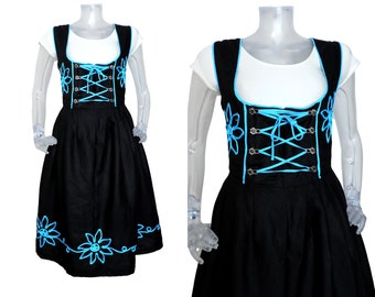 VINTAGE Dirndl Dress/Black Linen Blue Trim Bohemian Folk Dress UK 12 Fr 40 Oktoberfest/Bavarian/Austrian/German/Tyrolean/Costume/Cottagecore