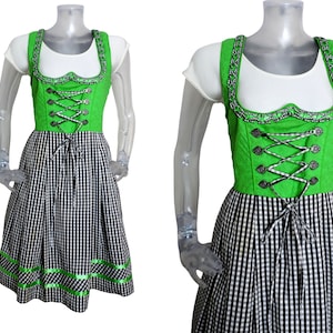 Folk Dirndl Dress/Apple Green Mono Check Dress/Boho UK 14 Fr 42 Vintage Oktoberfest/Bavarian/Austrian/German/Tyrolean/Trachten/Cottagecore