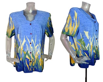 Vintage 1980s Retro Under the Sea Blusa Top UK 18 Fr 46 nueva ola 80s blusa/blusa suelta/Azul Amarillo/Tropical /Manga corta/Blusa azul