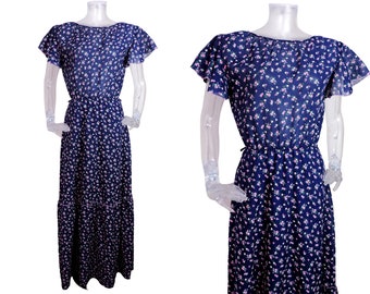 VINTAGE 1970s Maxi Dress /Retro Blue Ditsy Floral  Prairie Dress UK 10 Fr 38 /Bohemian Dress/70s dress/ Cotaggecore/ Long Dress/ Folk Dress