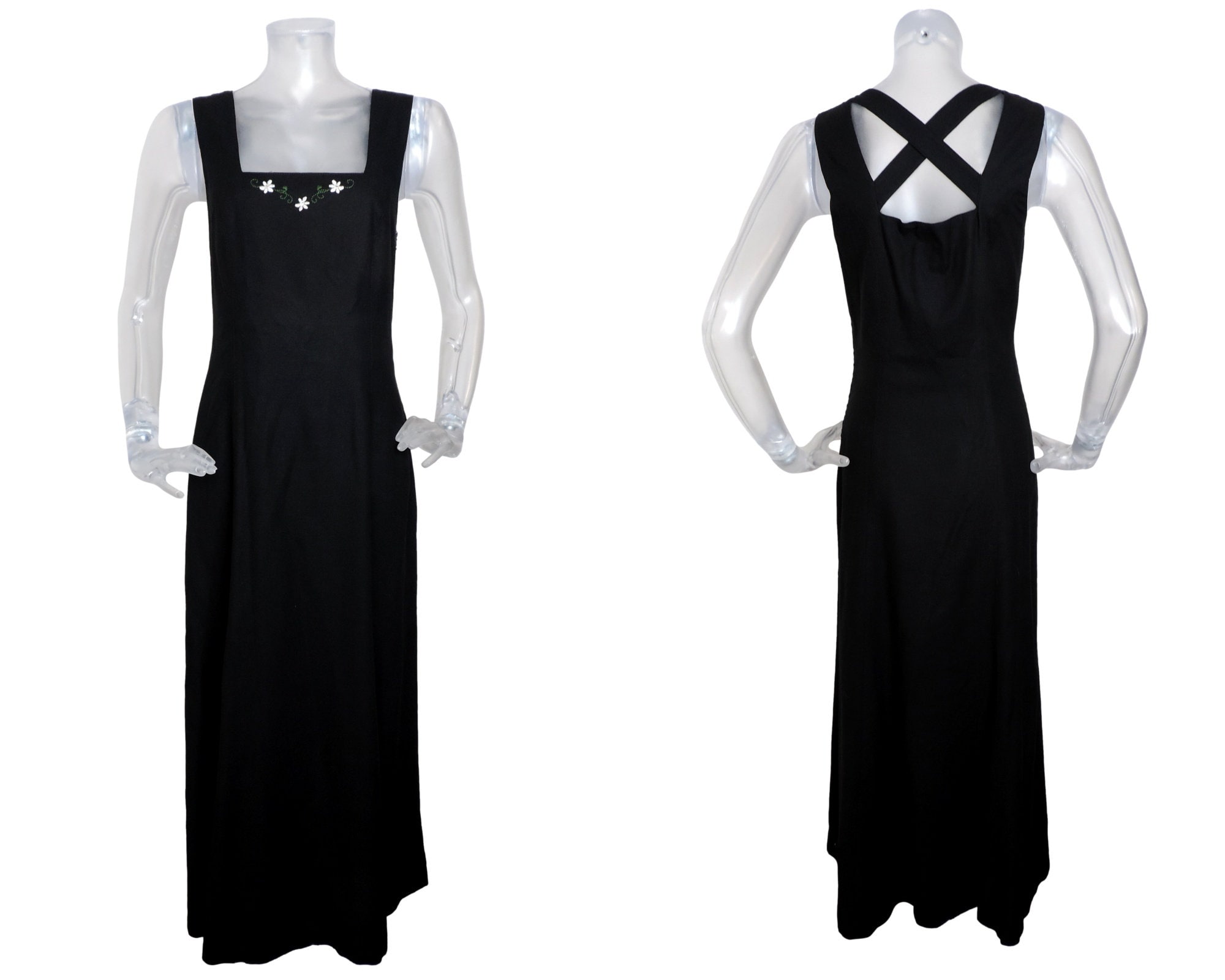 Vintage Folk Dress/Dirndl Dress / Black Linen Flower/Bohemian Dress UK 12 Fr 40 Oktoberfest/Bavarian Dress/Austrian Dress/German/Cottagecore