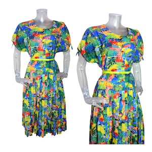 VINTAGE 1980s Dress/Retro Bright Water Colour Impressionist Print/UK 14 Fr 42 /80s Dress/New Wave/ Floral /Pleated/ Drop Waist