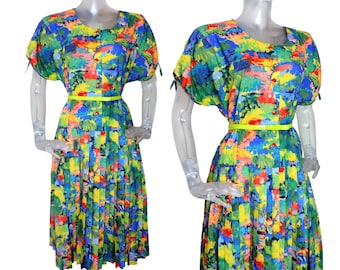 VINTAGE 1980s Dress/Retro Bright Water Colour Impressionist Print/UK 14 Fr 42 /80s Dress/New Wave/ Floral /Pleated/ Drop Waist