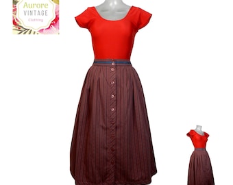 VINTAGE Dirndl Skirt/Wine Stripe Folk Skirt UK 10/ 38 /Boho/Bavarian/Oktoberfest/Tyrolean Skirt/Country Skirt/Prairie Skirt/Cottagecore