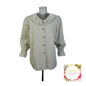Vintage Dirndl Blouse/ Beige Crochet Folk Blouse/UK 18 Fr 46/Peasant Blouse/Tyrolean/Oktoberfest Blouse/Cottagecore/Trachten Blouse/Romantic
