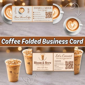 May include: A folded business card template featuring two distinct designs. The top design displays Brew Haven Coffee branding with a heart-shaped latte art graphic, contact details, and a QR code. The bottom design shows Bloom & Brew branding with iced coffee graphics, contact information, and a QR code.