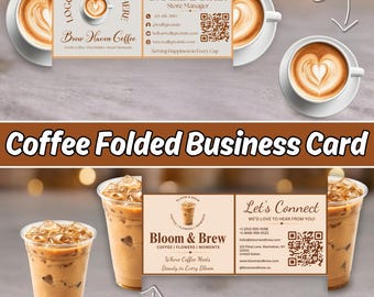 Shaped Business Card Template, Coffee Shop Folded Card Canva, Cafe QR Code Custom Shape Printable Digital Download