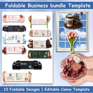 May include: A digital collection of 10 foldable business card templates featuring various themes including coffee, flowers, beauty, and automotive designs. Each template includes contact details, QR codes, and brand names like Sugar Cloud and Gem & Glow.