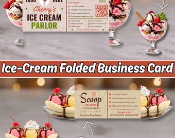 Ice Cream Business Card Template, Editable Canva Dessert Shop Card, QR Code Bakery Cafe Branding Design