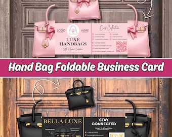 Folding Business Card Canva Template, Luxury Boutique Folded Card, Handbag Product Insert, QR Code Marketing Card