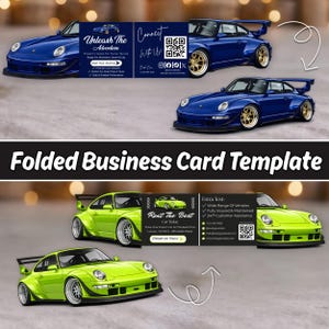 May include: A folded business card template featuring a blue sports car on a dark blue background with text Unleash The Adventure and a green sports car on a black background with text Rent The Best Car Today, including QR codes and contact icons.