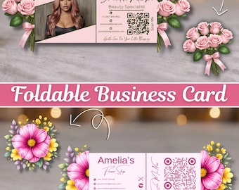 Modello Canva modificabile per biglietto da visita di bellezza con codice QR, biglietto da visita floreale rosa per lash technician, parrucchiere, piccolo business.