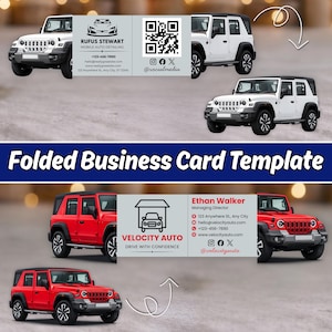 May include: A folded business card template featuring two distinct designs. The top section displays a white SUV, the name Rufus Stewart, a QR code, and contact details. The bottom section shows a red SUV, the name Ethan Walker, and Velocity Auto branding.