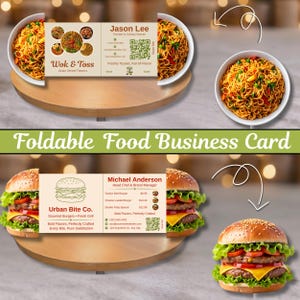 May include: Foldable food business card featuring a bowl of noodles and a burger. The card showcases two businesses: "Wok & Toss" and "Urban Bite Co." with contact information and a QR code. The card is on a wooden surface.